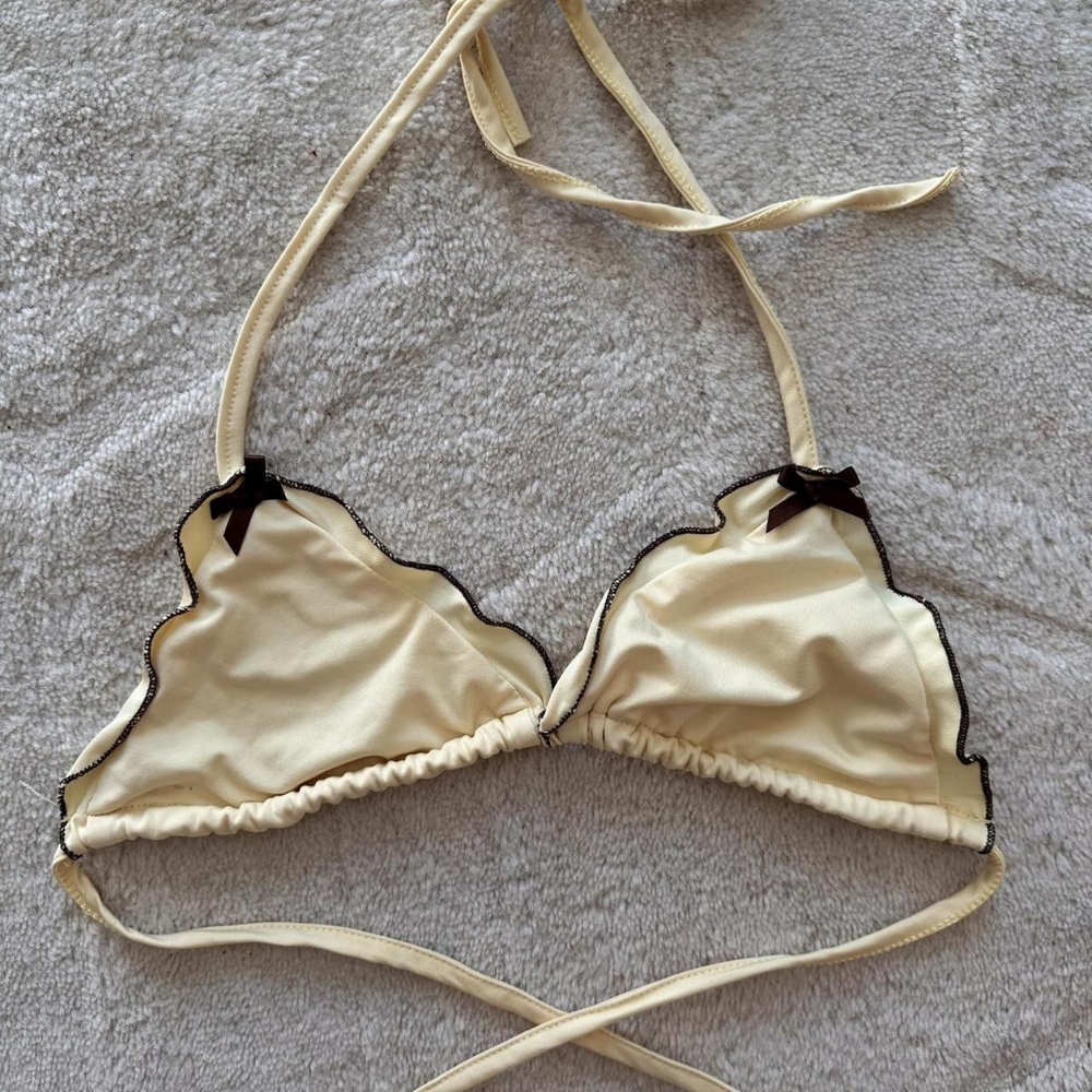 Cream Triangle Bikini Top with Black Trim